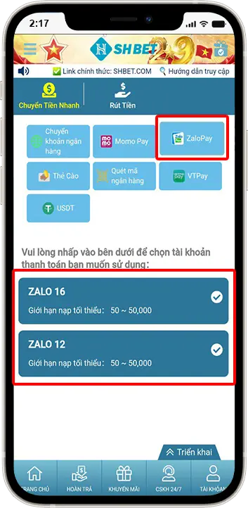 Bước 2: Chọn ZALOPAY → lựa chọn bất kỳ cổng nạp bên dưới